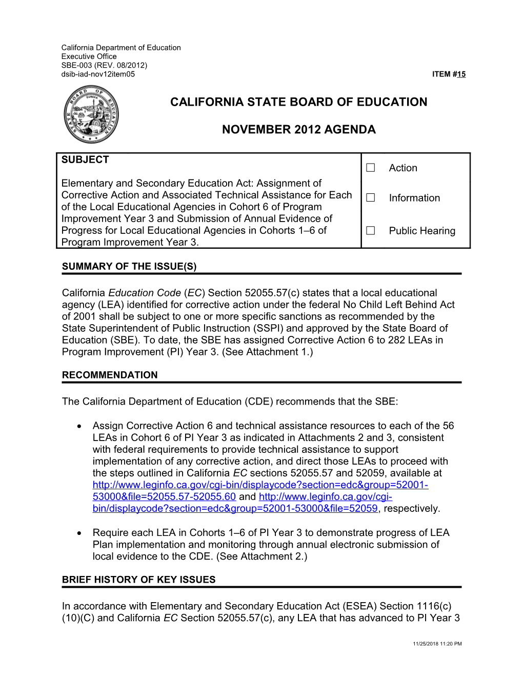 November 2012 Agenda Item 15 - Meeting Agendas (CA State Board of Education)