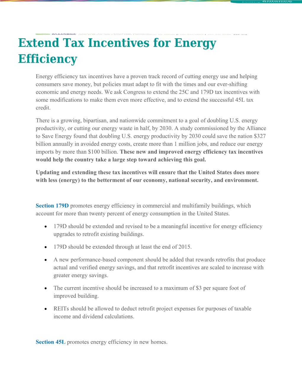 Extend Tax Incentives for Energy Efficiency