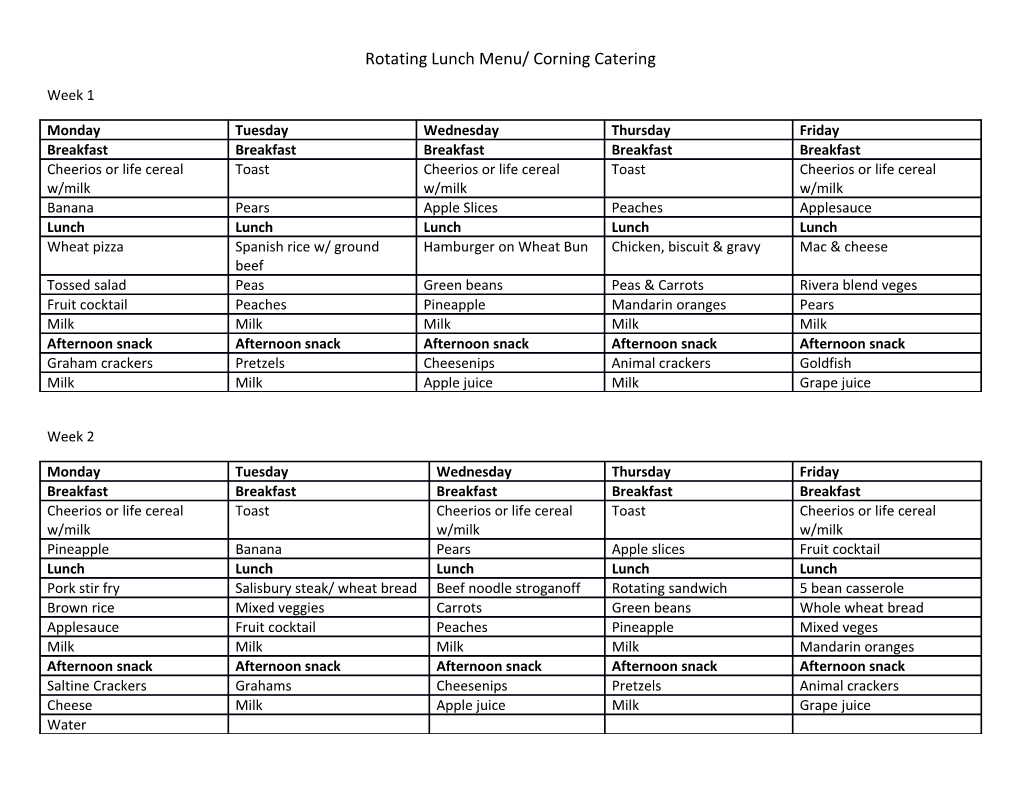 Rotating Lunch Menu/ Corning Catering