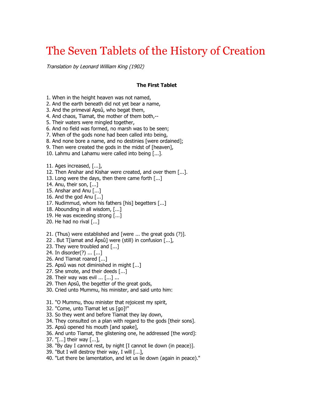The Seven Tablets of the History of Creation