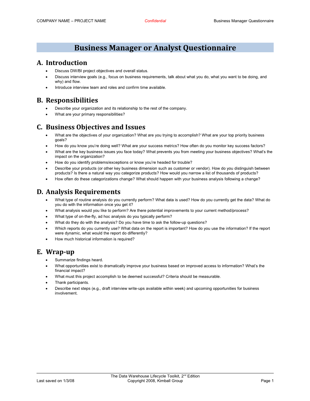 Business Manager Or Analyst Questionnaire