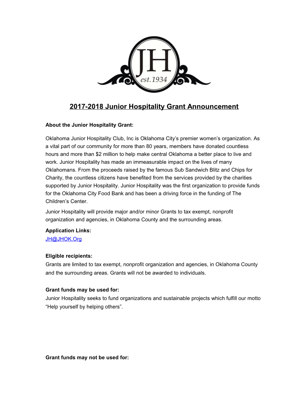 2017-2018 Junior Hospitality Grant Announcement