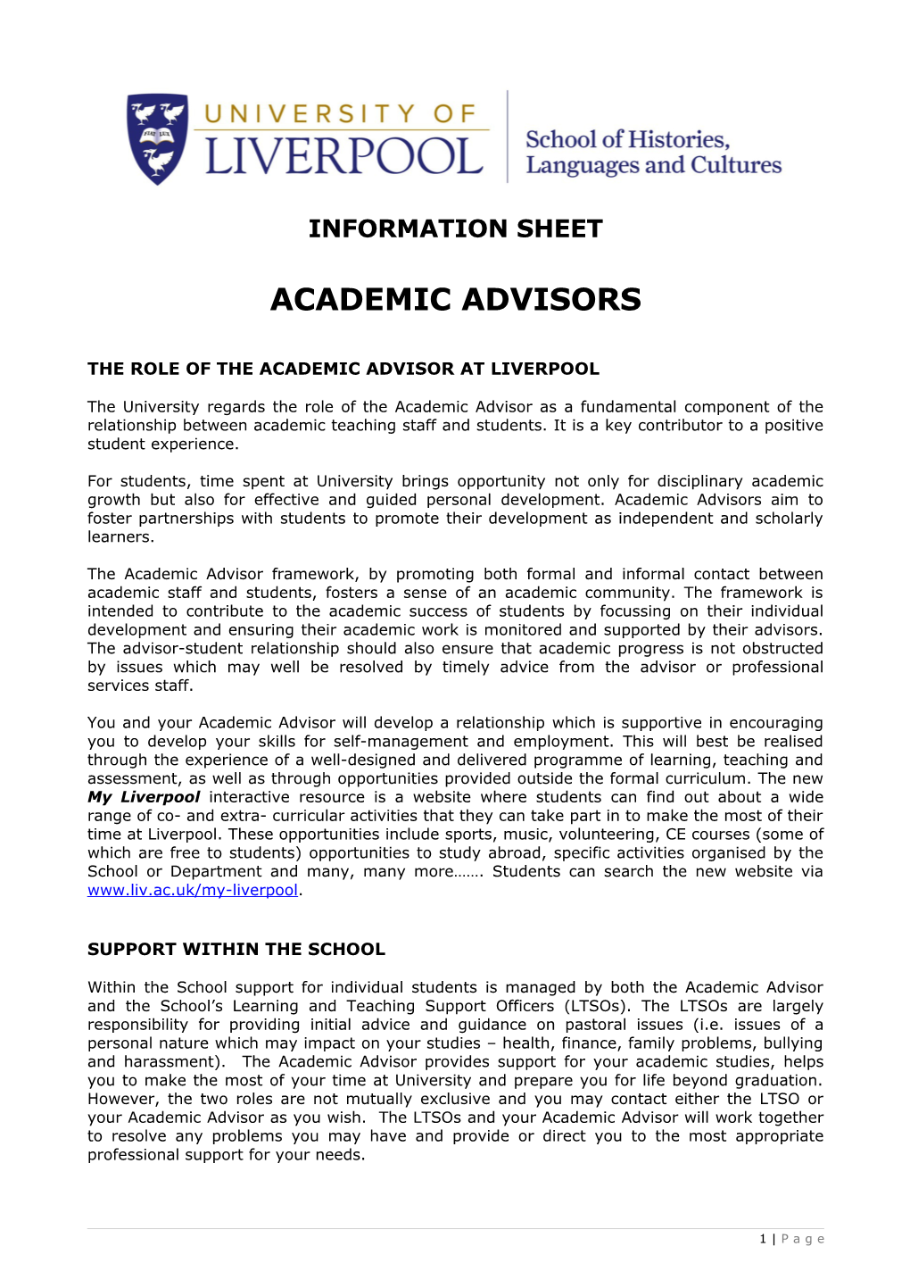 The Role of the Academic Advisor at Liverpool