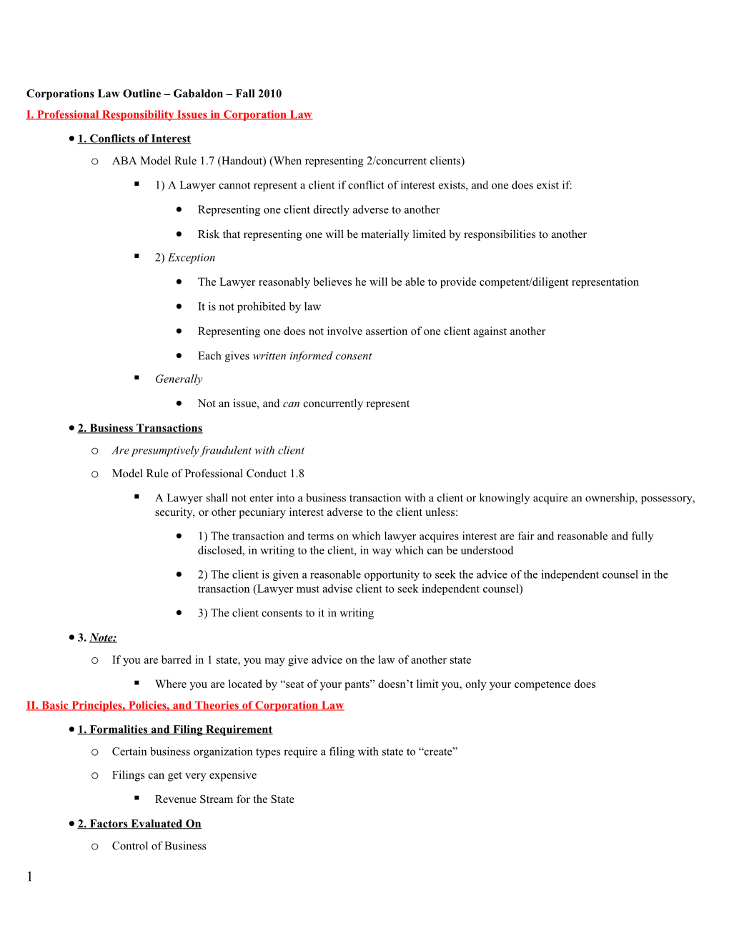 Corporations Law Outline Gabaldon Fall 2010