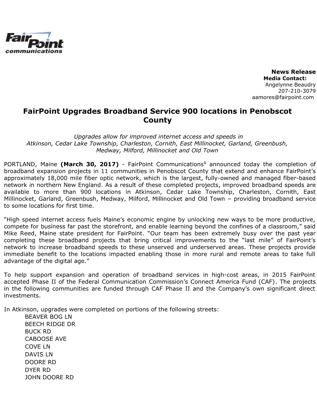 Fairpoint Upgrades Broadband Service 900 Locations in Penobscot County