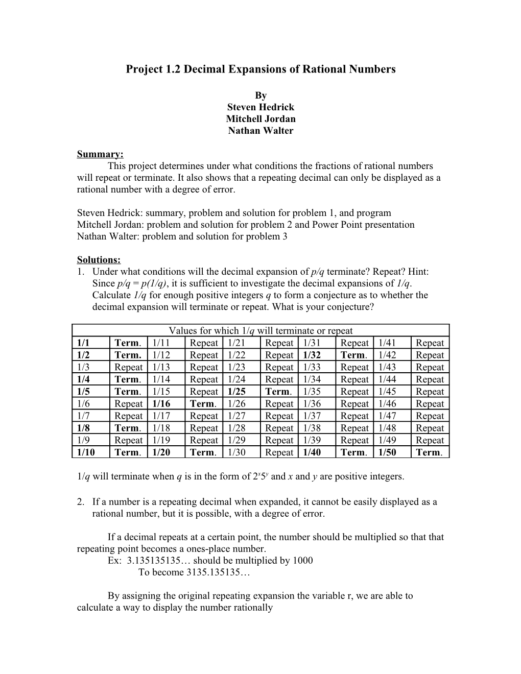 Project 1.2 Decimal Expansions of Rational Numbers