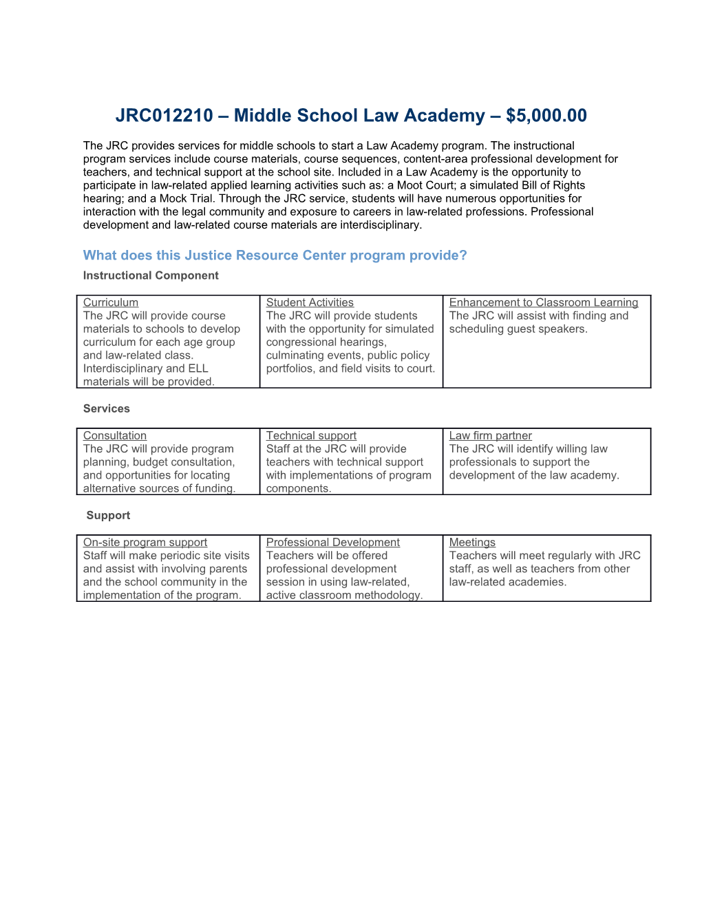 JRC012210 Middle School Law Academy $5,000.00