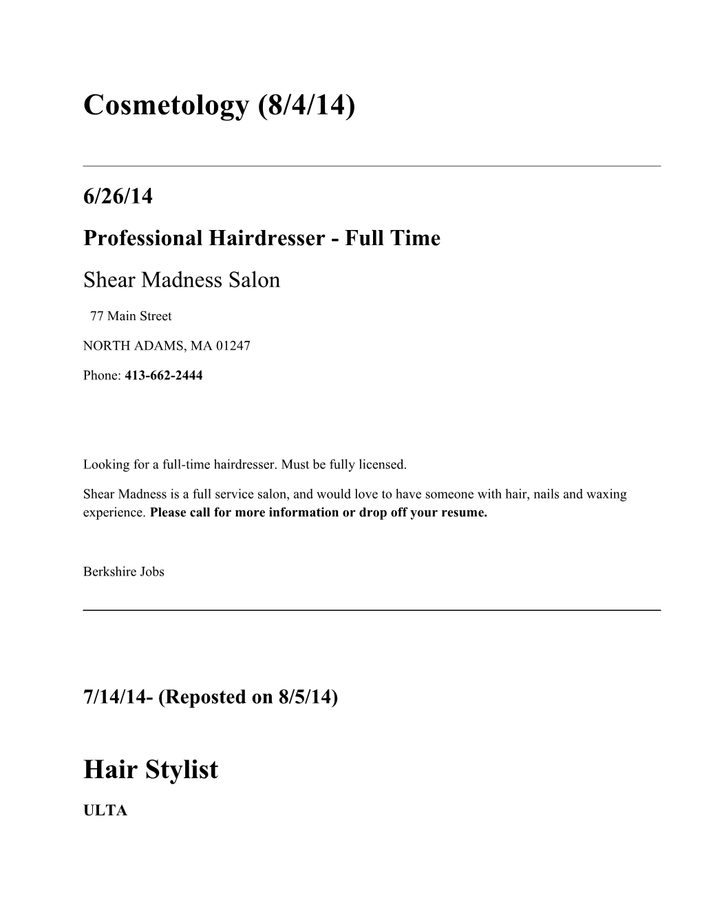 Professional Hairdresser - Full Time