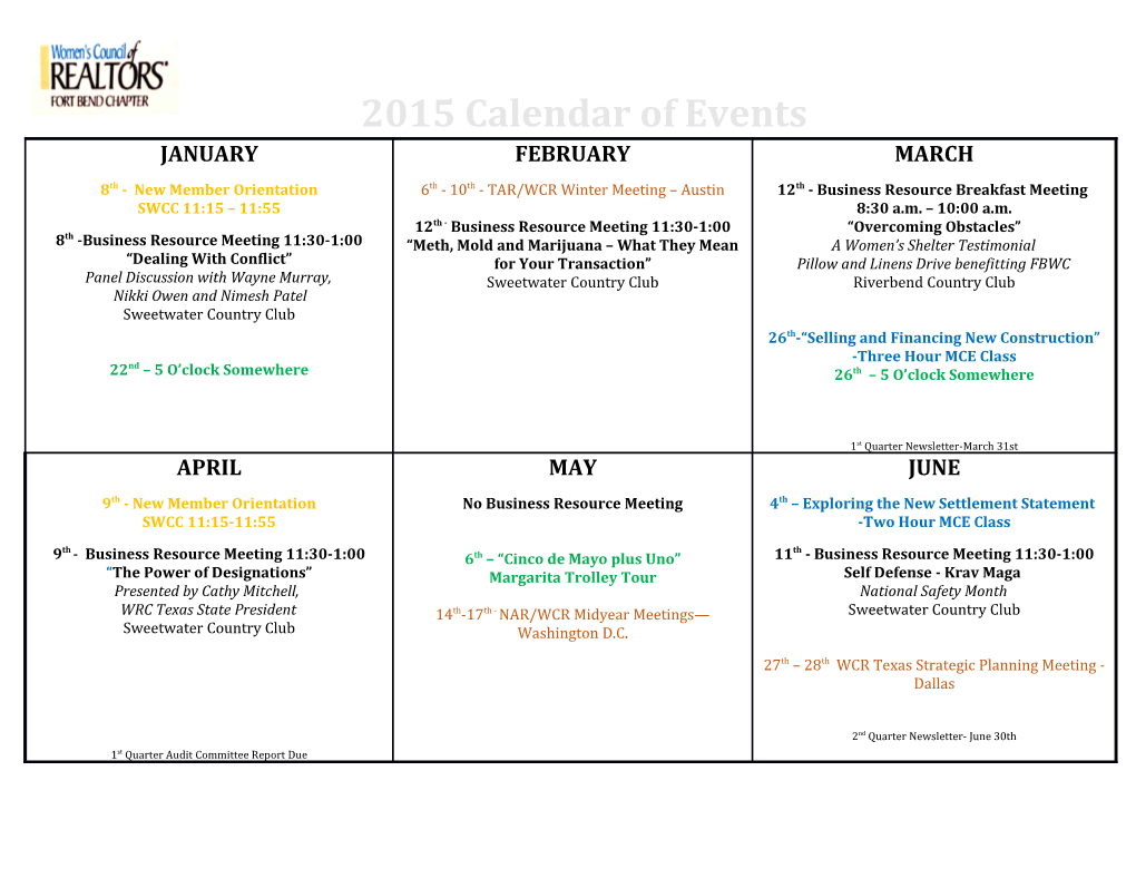 2015 Calendar of Events