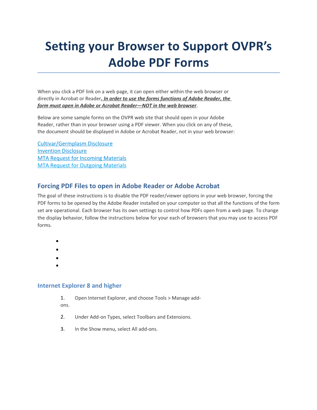 Setting Your Browser to Support OVPR S Adobe PDF Forms