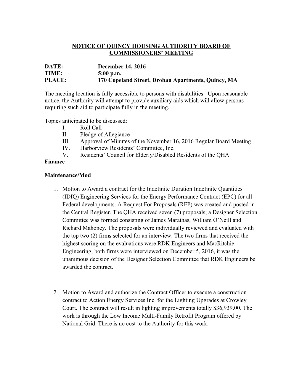 Notice of Quincy Housing Authority Board Of