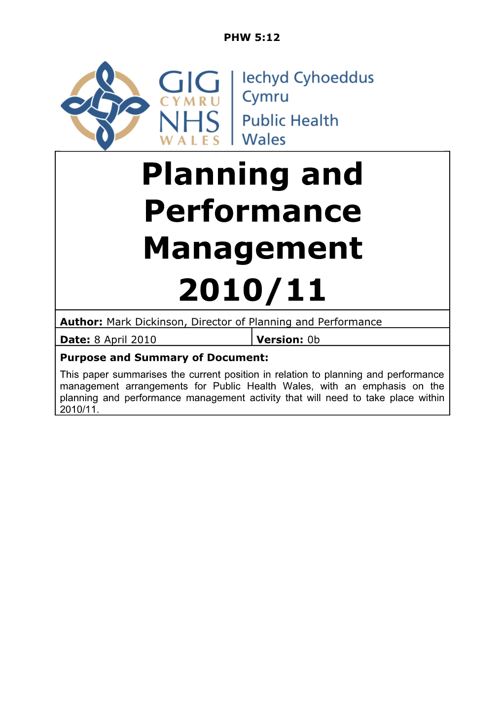 The Planning and Performance Management Arrangements That Impact on Public Health Wales