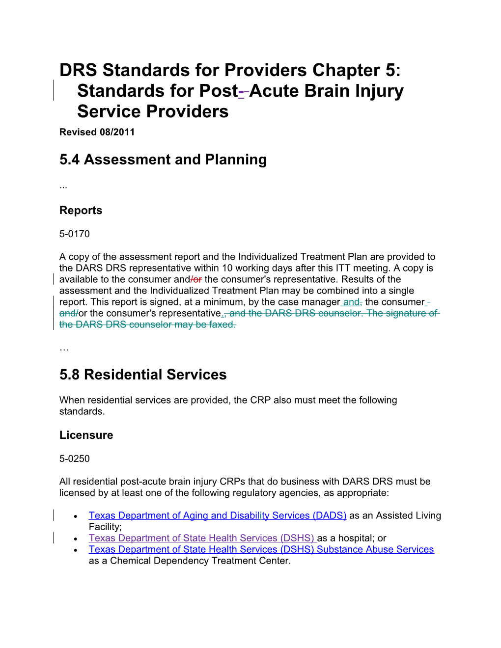 DARS DRS Standards for Providers Chapter 5 Revisions - August 2011