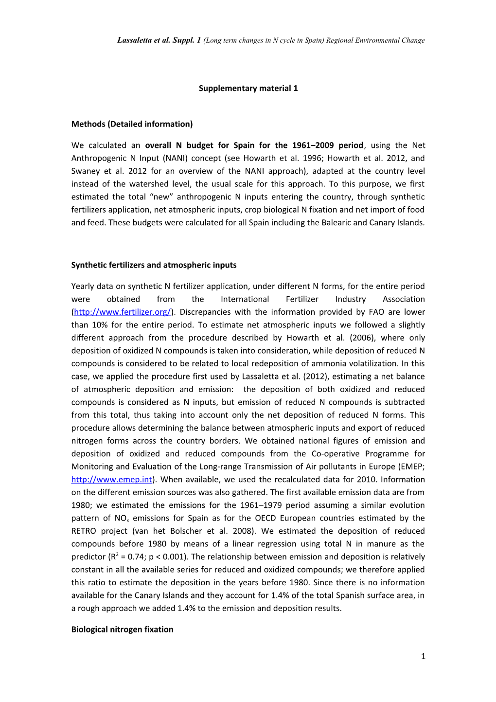 Lassaletta Et Al. Suppl. 1 (Long Term Changes in N Cycle in Spain) Regional Environmental