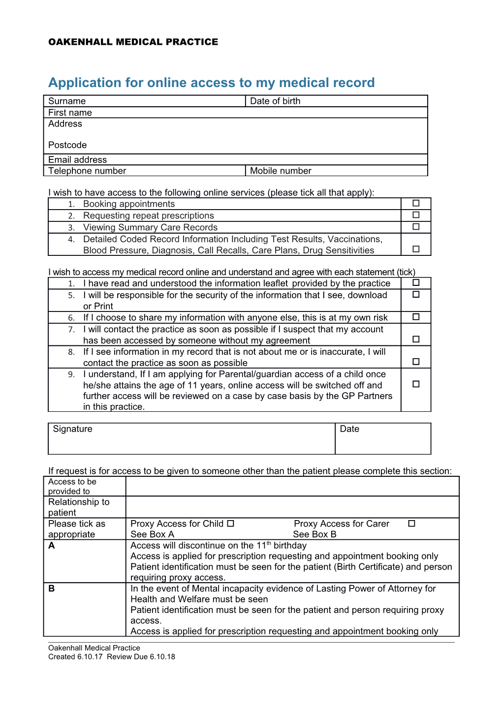 Application for Online Access to My Medical Record