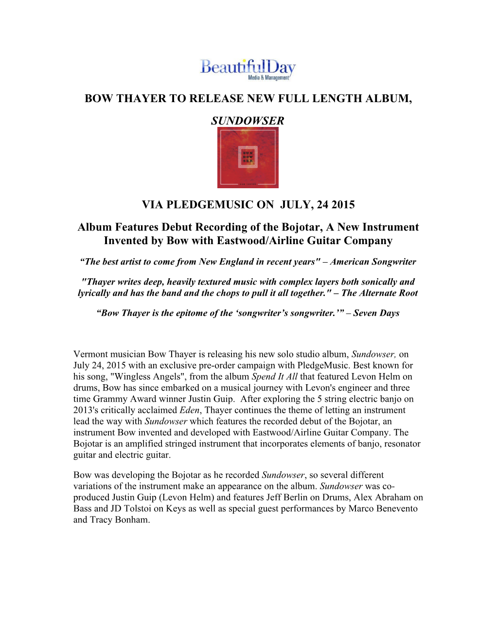 Bow Thayer to Release New Full Length Album