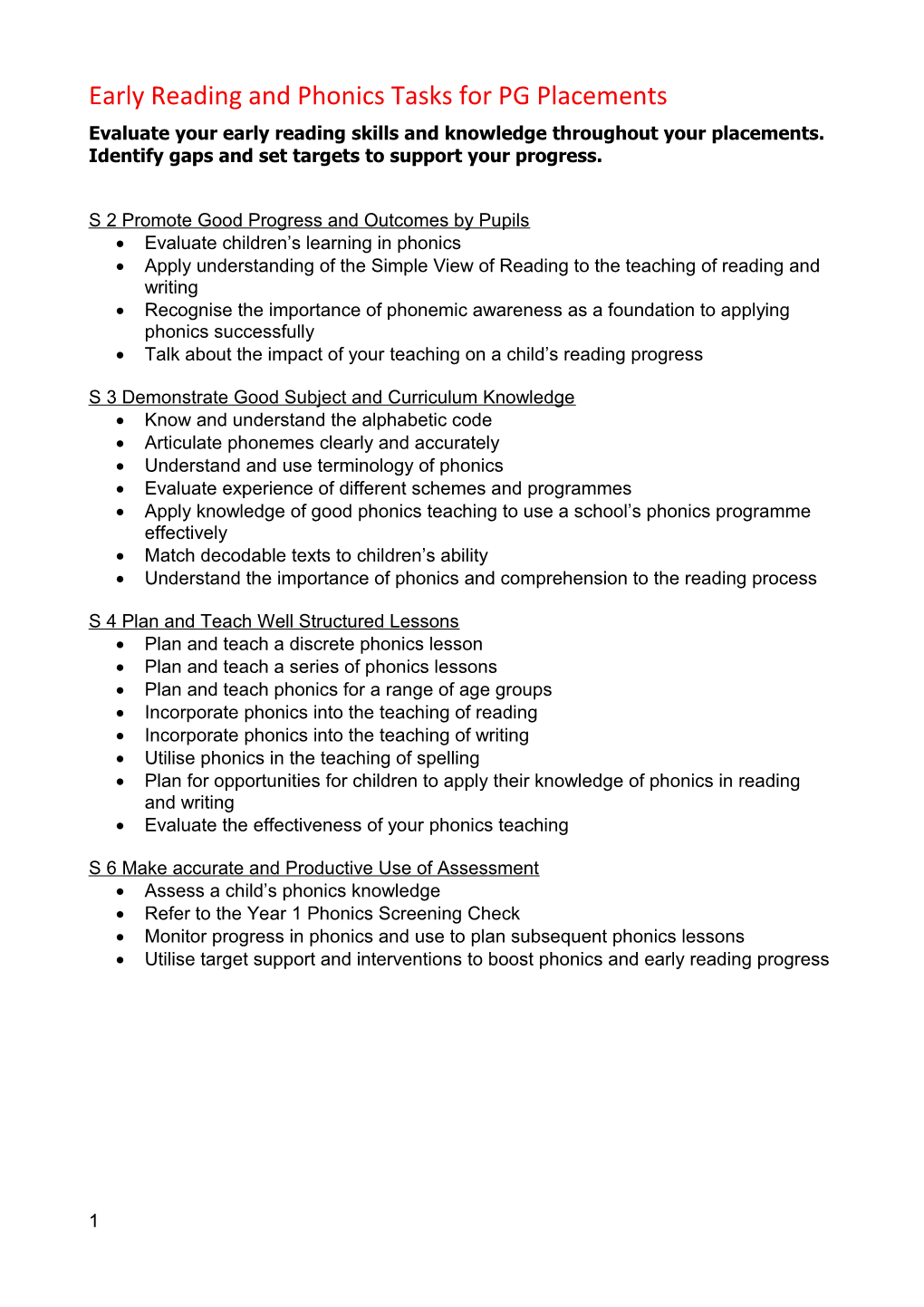 Early Reading and Phonics Tasks for PG Placements