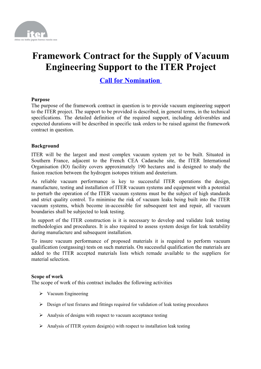 Framework Contract for the Supply of Vacuum Engineering Support to the ITER Project