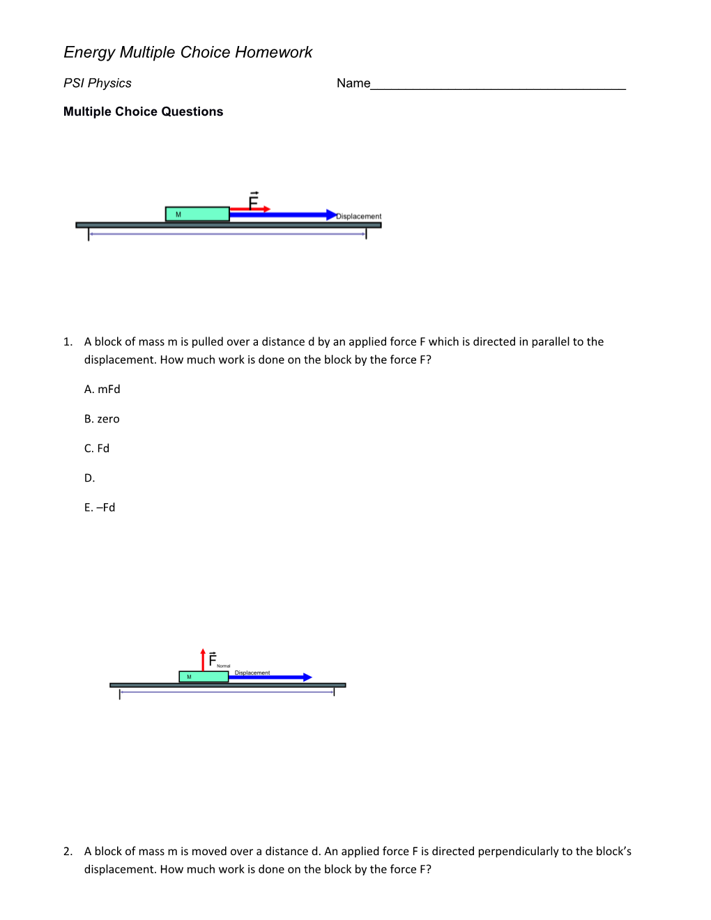 Energy Multiple Choice Homework