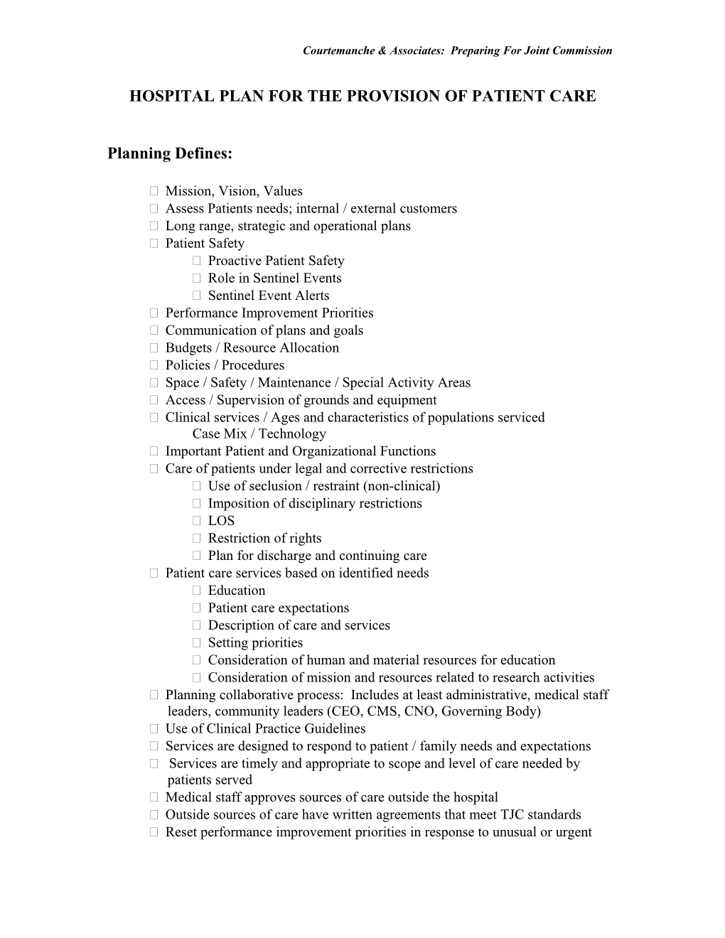 Hospital Plan for the Provision of Patient Care