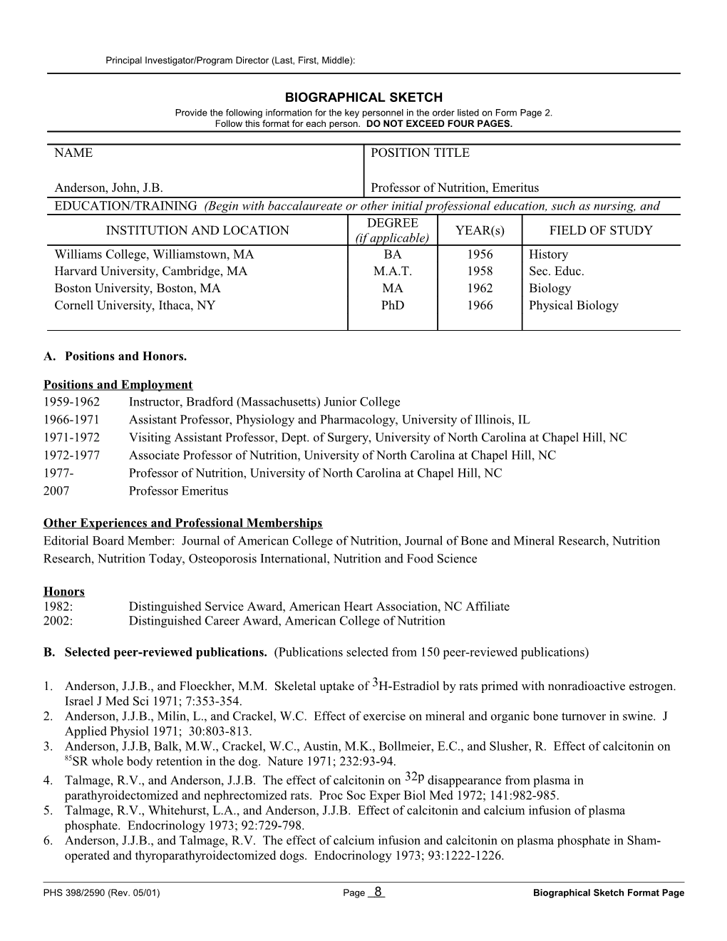 PHS 398 (Rev. 5/01), Biographical Sketch Format Page