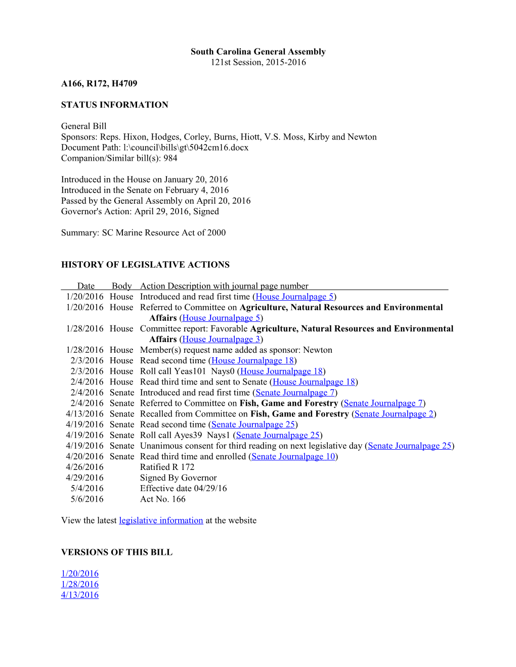 2015-2016 Bill 4709: SC Marine Resource Act of 2000 - South Carolina Legislature Online