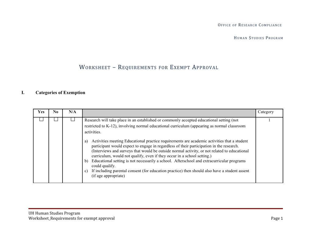 Worksheet Requirements for Exempt Approval