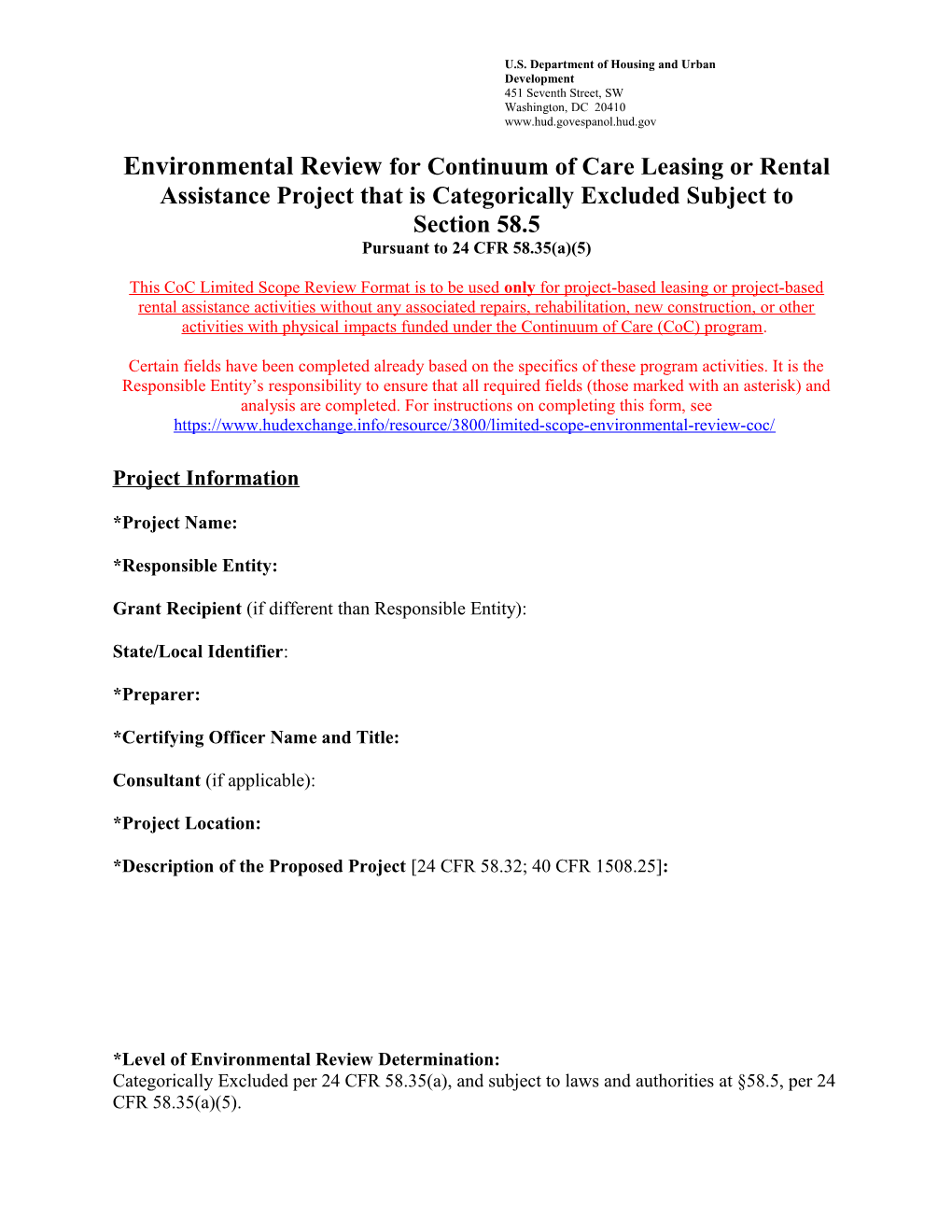 Limited Scope Environmental Review Format Continuum of Care (Coc)