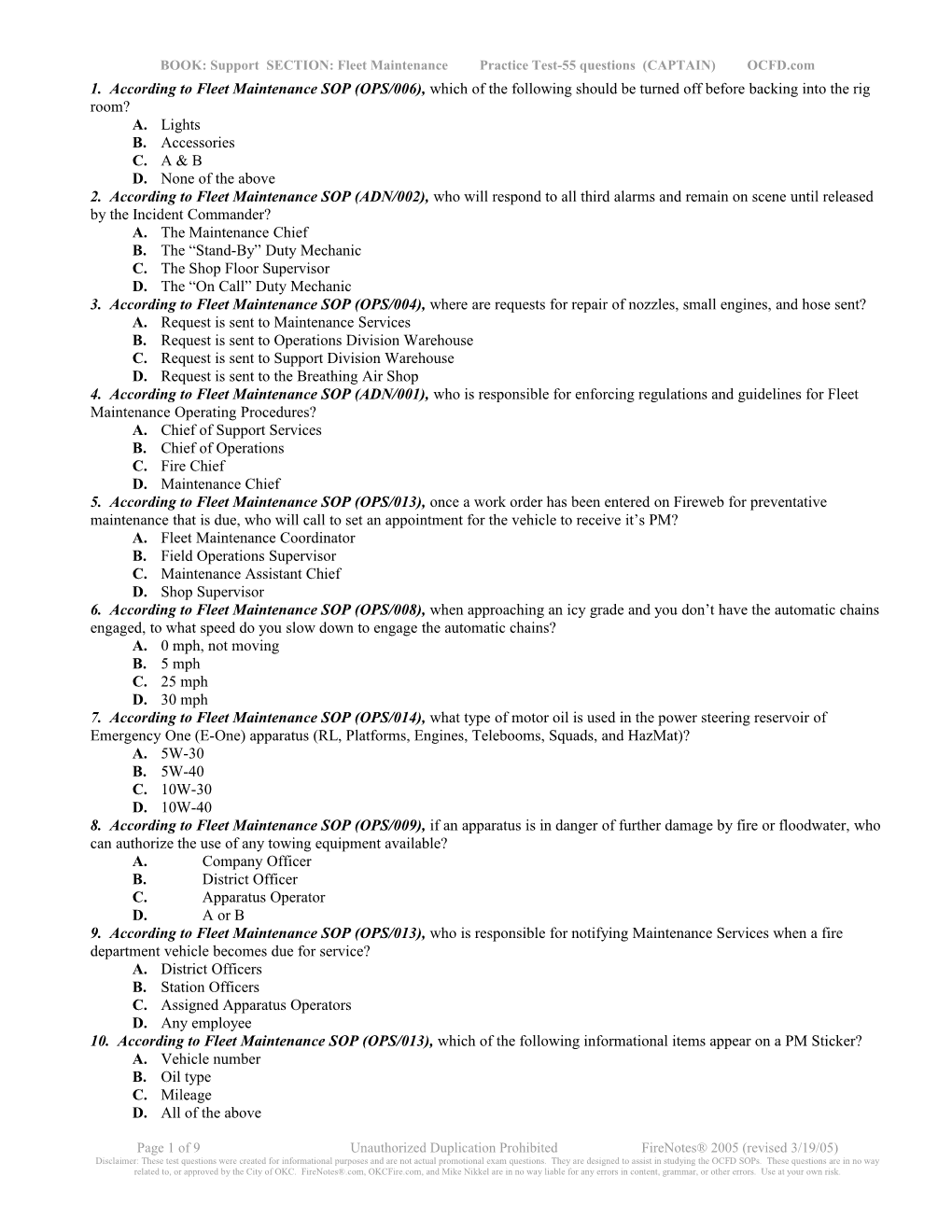 BOOK: Support SECTION: Fleet Maintenance Practice Test-55 Questions (CAPTAIN) OCFD.Com