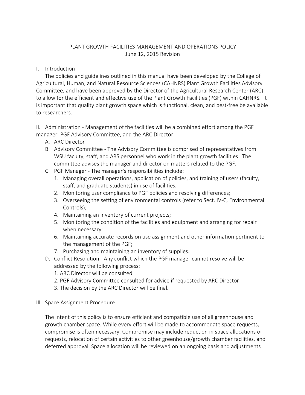 Plant Growth Facilities Management and Operations Policy