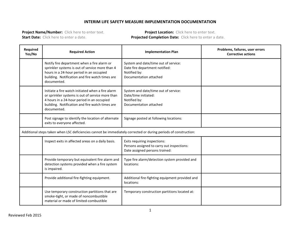 Medical Safety Template - Interim Life Safety Measures Documentation Worksheet
