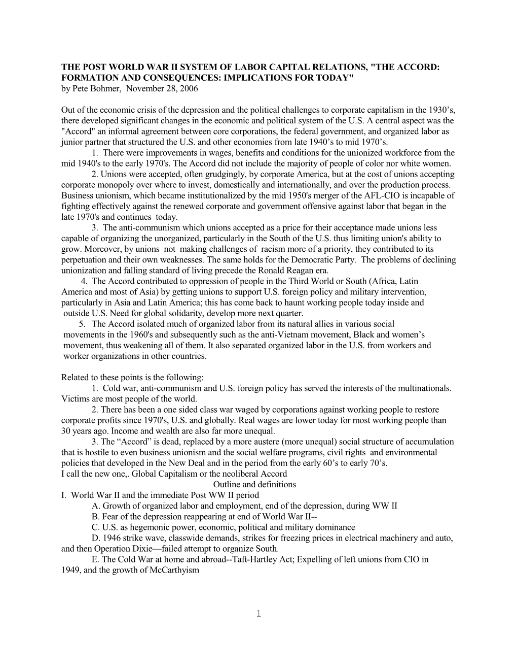 The Depression, the New Deal and the Postwar System of Labor Capital Relations, the Accord