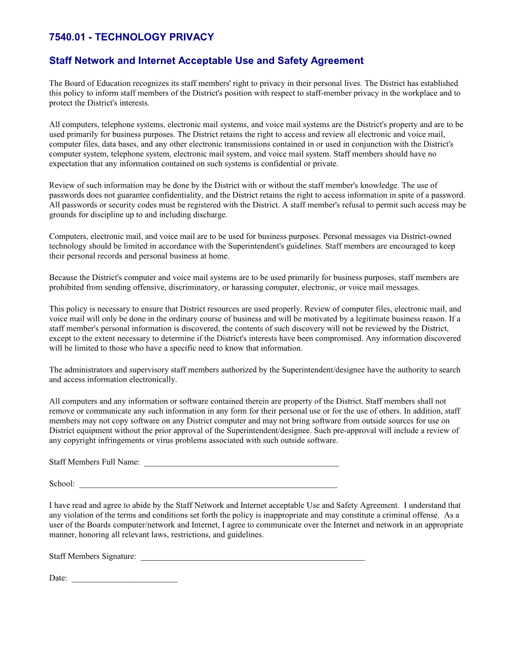 Staff Network and Internet Acceptable Use and Safety Agreement