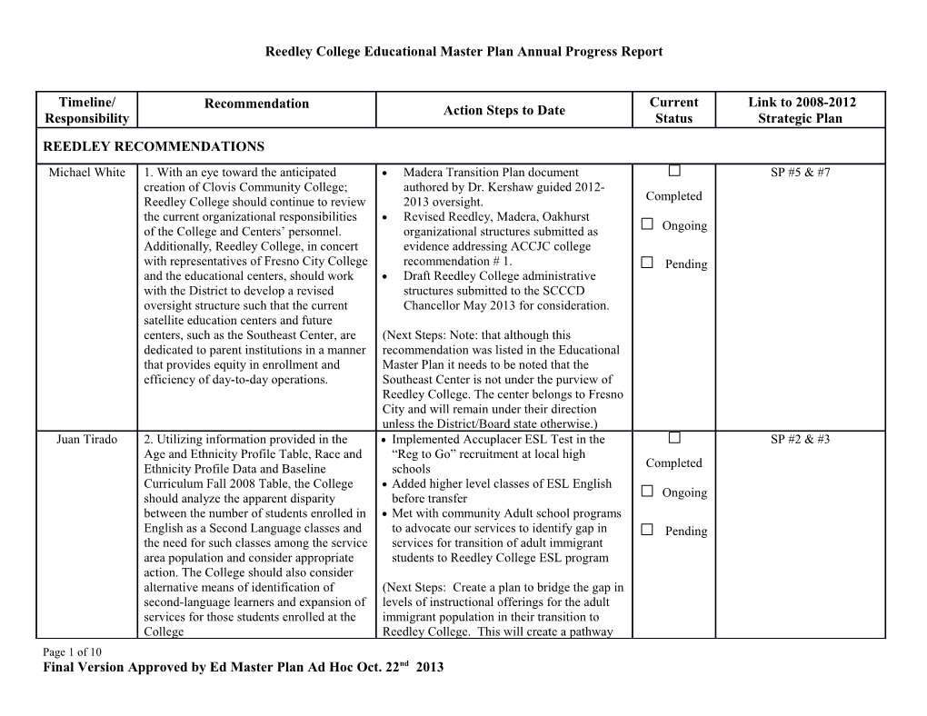 Reedley College Educational Master Plan Annual Progress Report