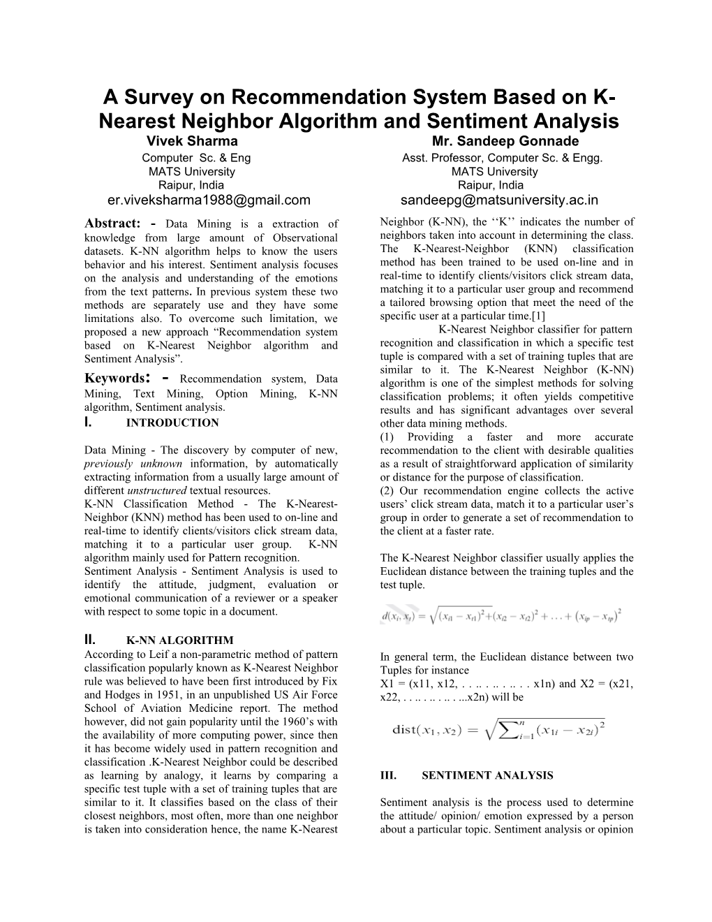 A Survey on Recommendation System Based on K-Nearest Neighbor Algorithm and Sentiment Analysis