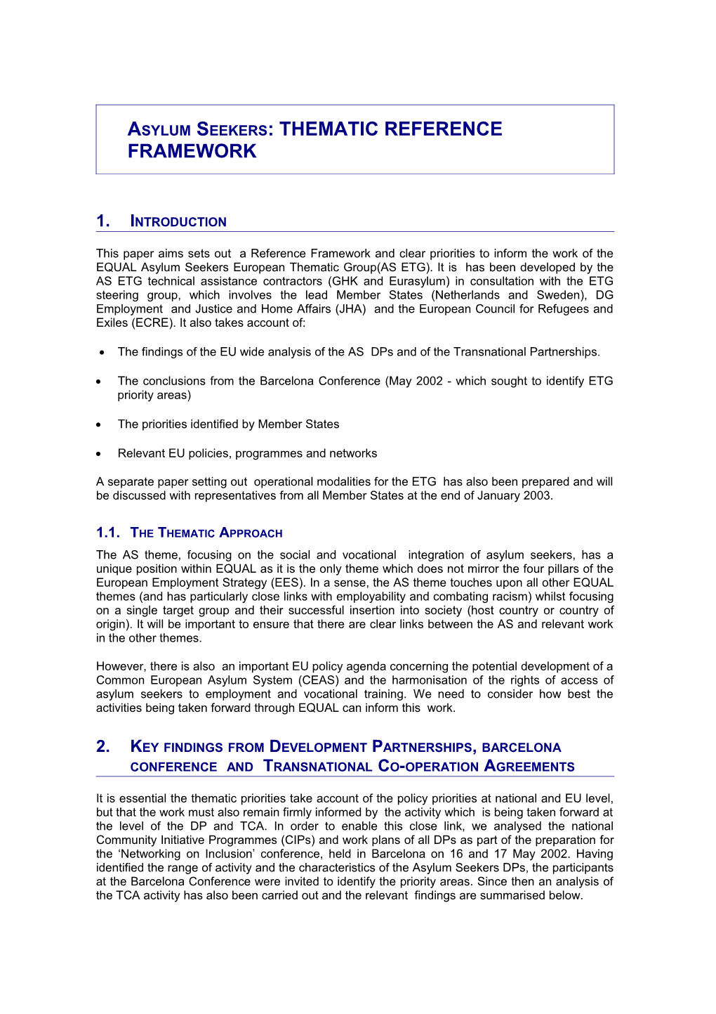 Asylum Seekers: THEMATIC REFERENCE FRAMEWORK