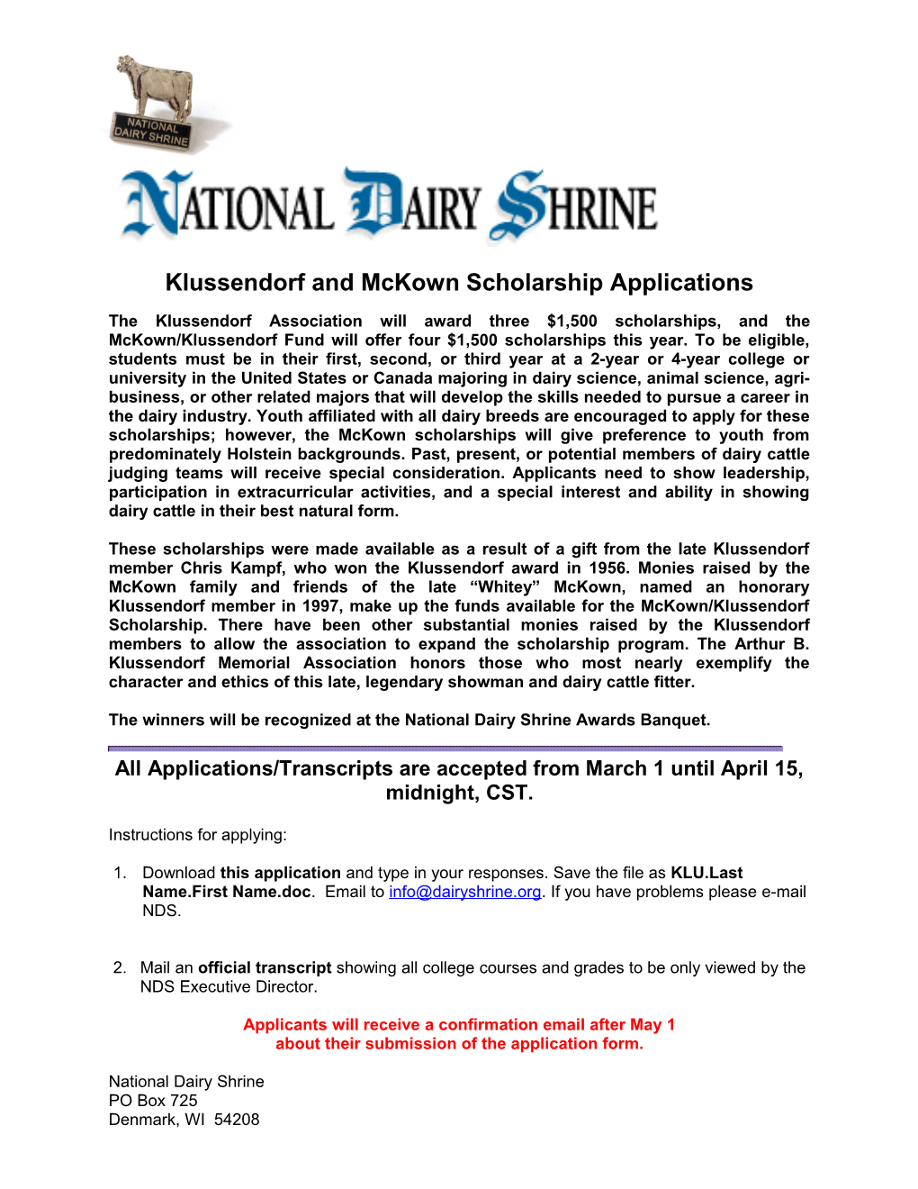 Klussendorf and Mckown Scholarship Applications