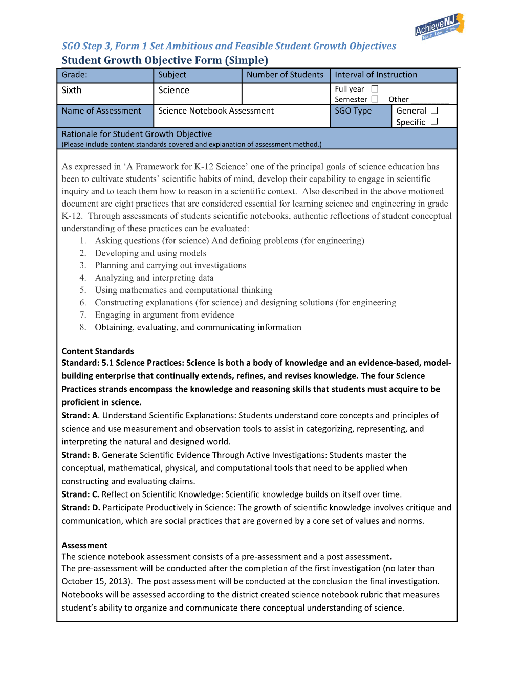 SGO Step 3, Form 1 Set Ambitious and Feasible Student Growth Objectives