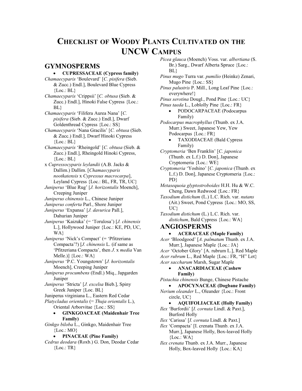 Checklist of Woody Plants Cultivated on the Uncw Campus