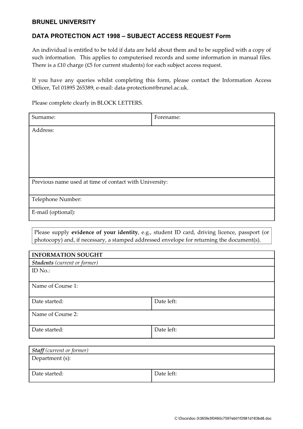 DATA PROTECTION ACT 1998 SUBJECT ACCESS REQUEST Form