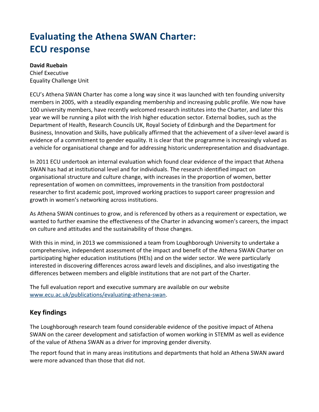 Evaluating the Athena SWAN Charter: ECU Response