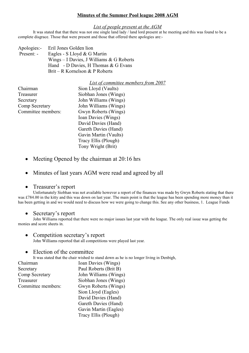 Minutes of the Summer Pool League 2008 AGM