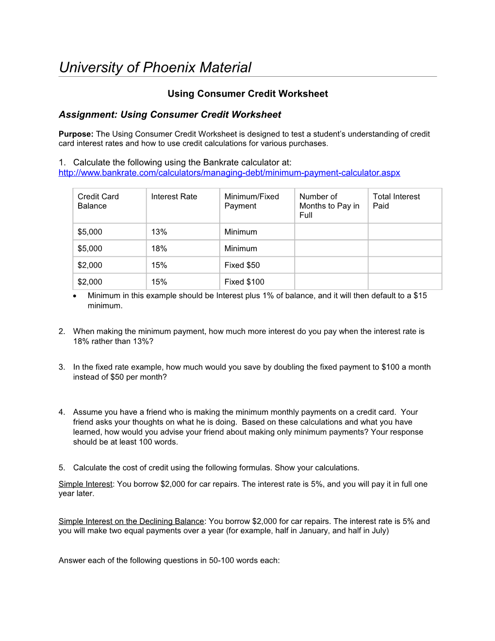 Using Consumer Credit Worksheet