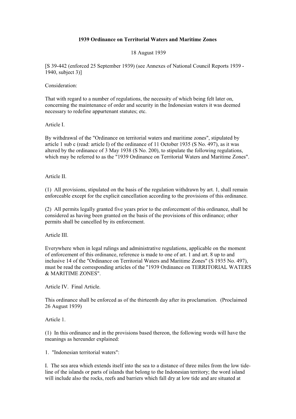 1939 Ordinance on Territorial Waters and Maritime Zones