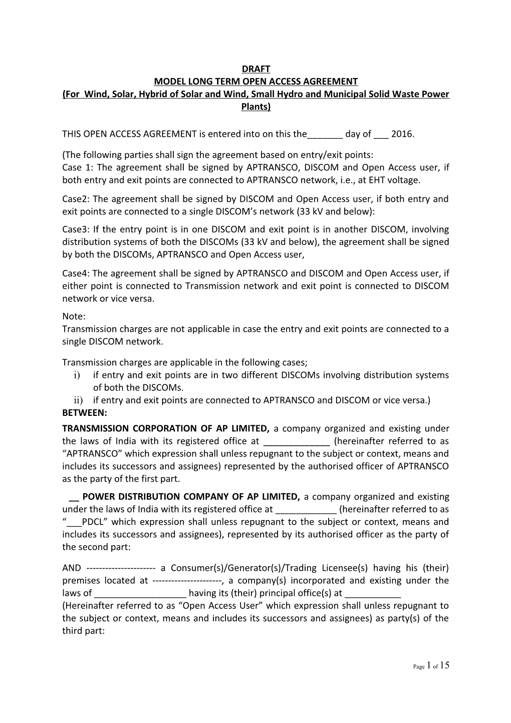 Model Long Term Open Access Agreement