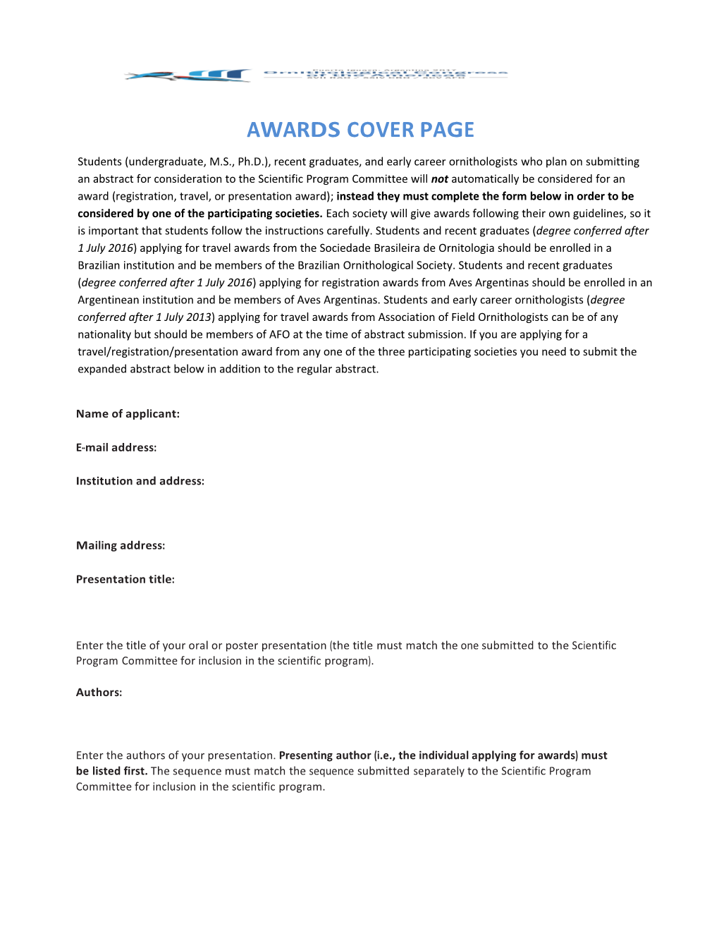 Student Travel Awards Cover Page