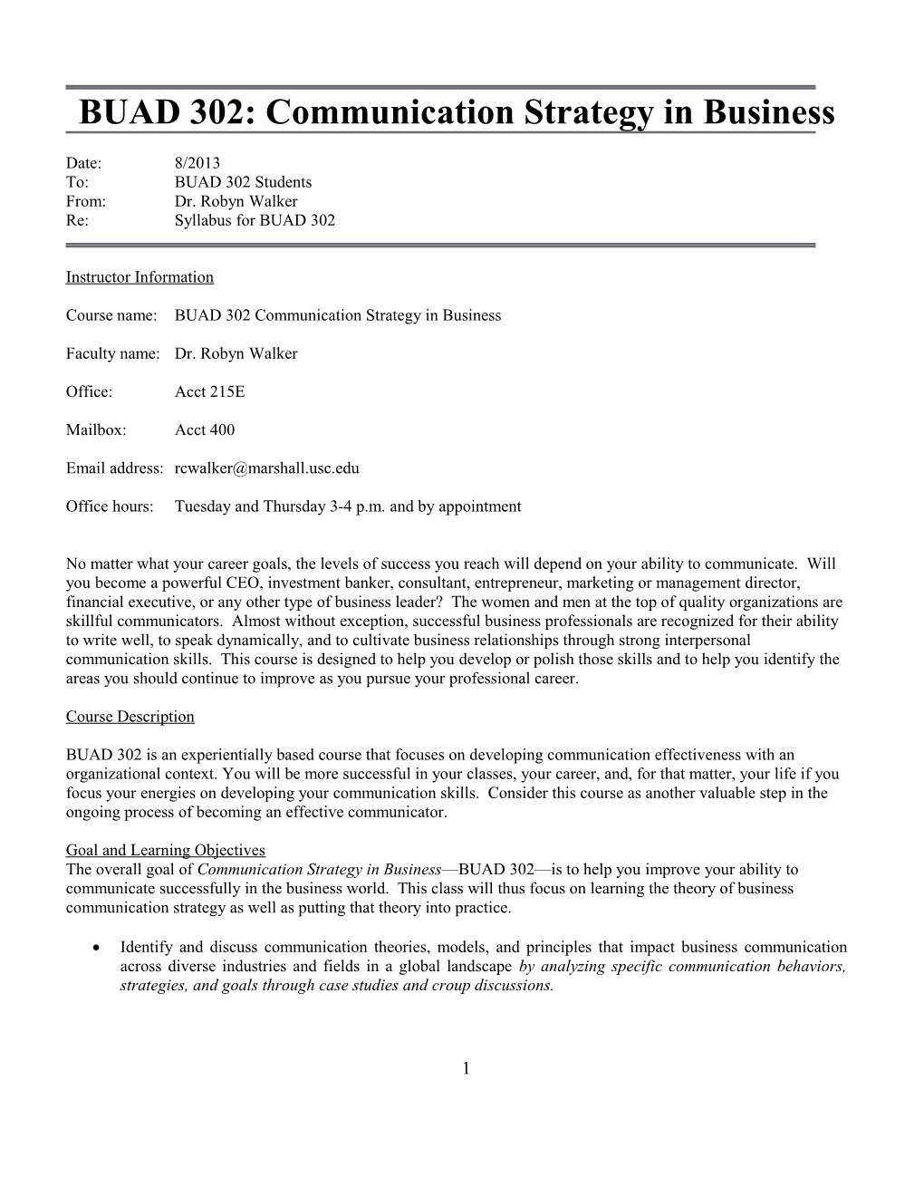 Business Communication 302 Memorandum