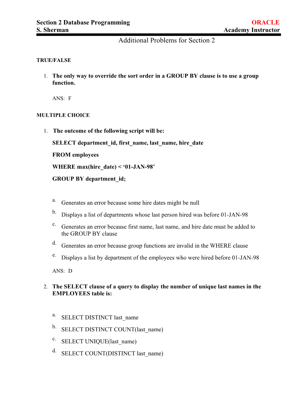 Section 2 Database Programmingoracle