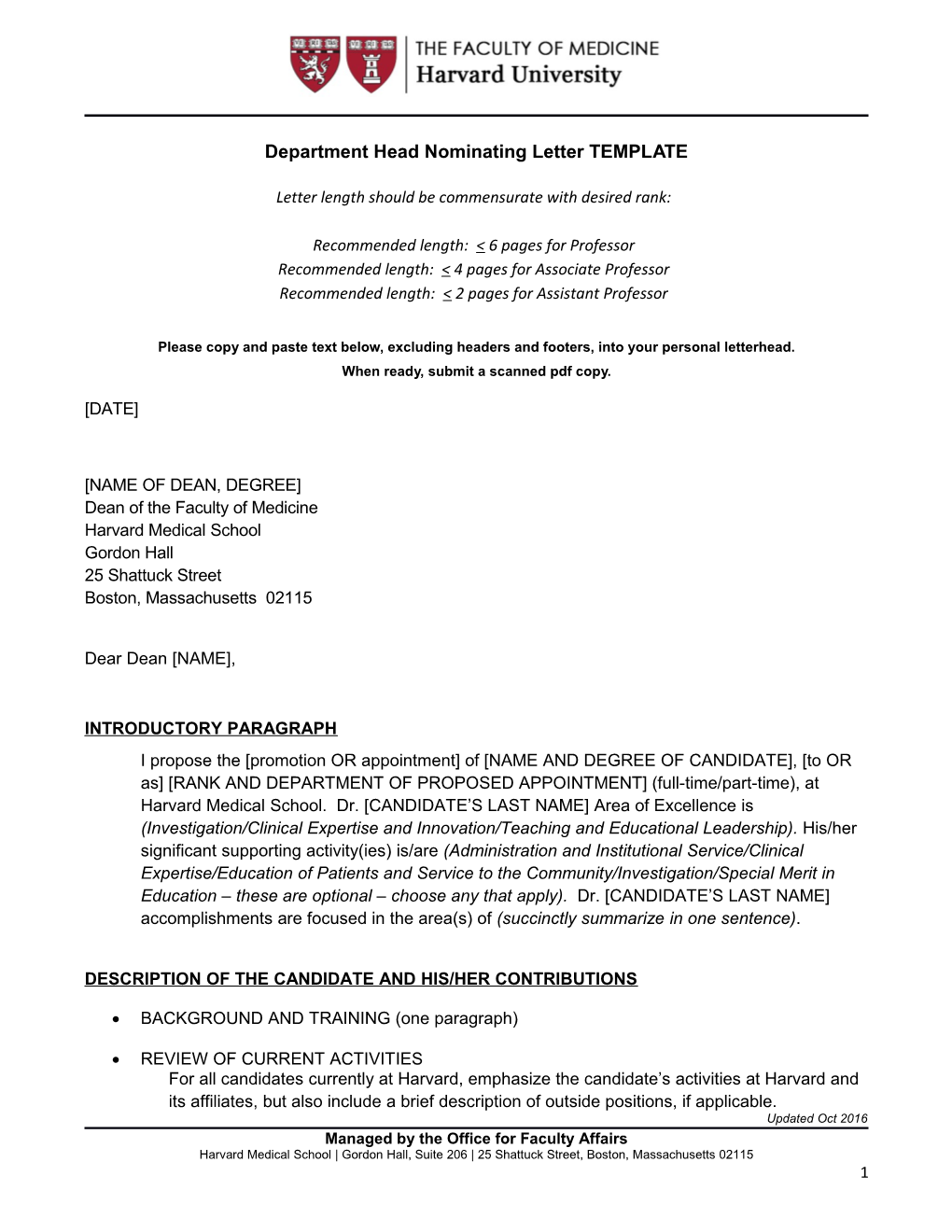Department Head Nominating Letter TEMPLATE