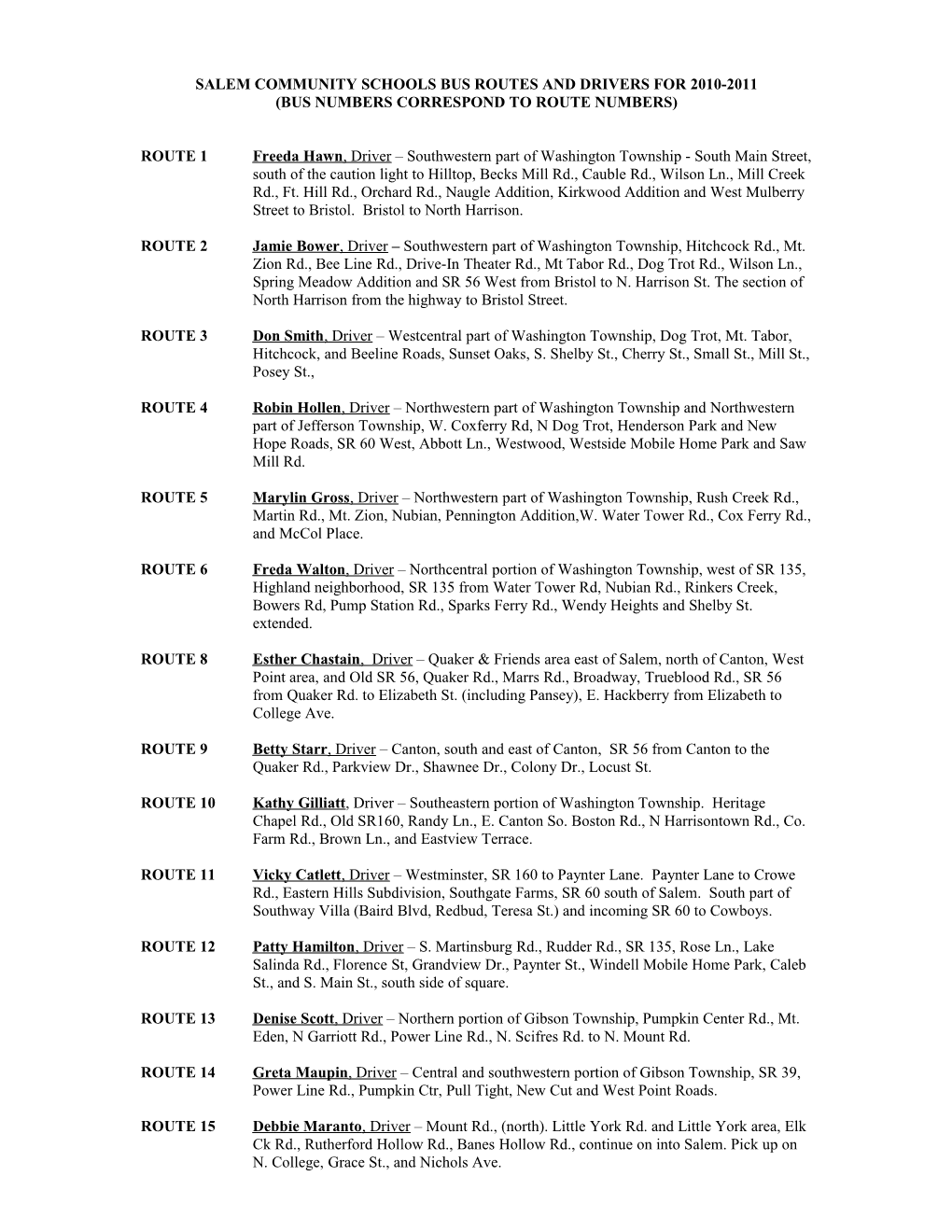 Salem Community Schools Bus Routes and Drivers for 2004-2005